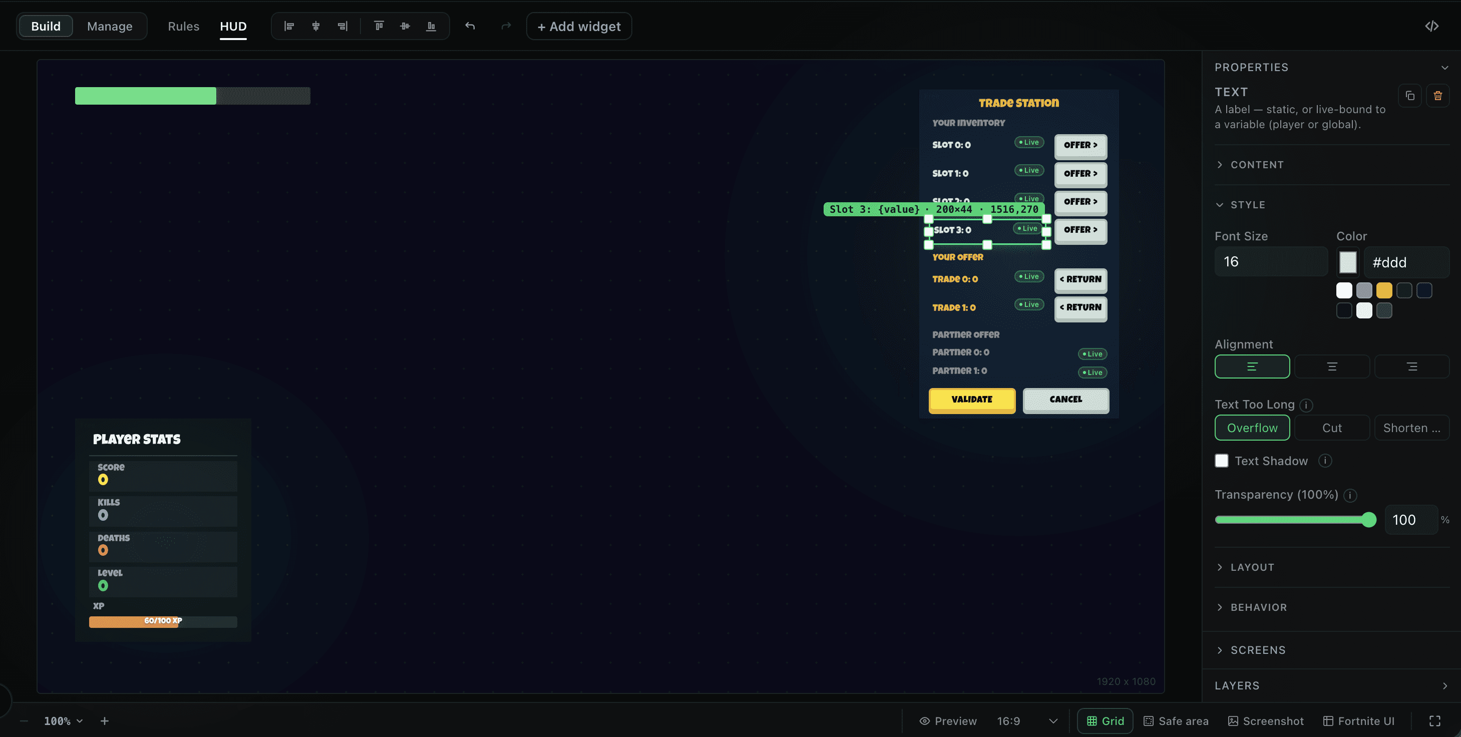 The Verse Builder HUD editor: a gun-game HUD on the canvas with layers, properties and the generated Verse code live